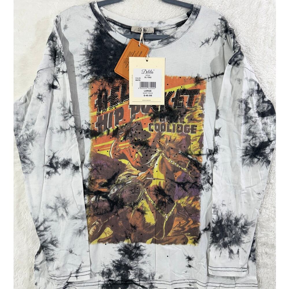 Delila Texas Original tie-Dye Graphic Stud long sleeve Tee Western Boho S Lg